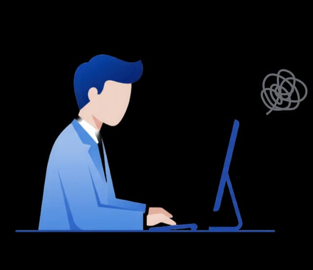 PCに向かってデータ加工に追われている担当者のイラスト